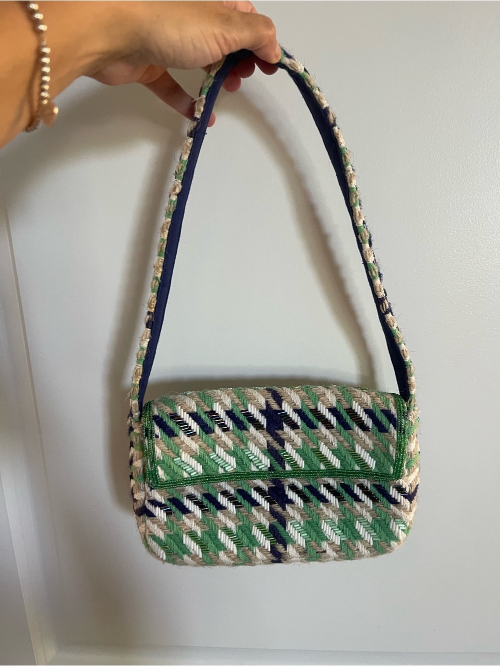 Anthropologie Green Navy and Cream Woven Shoulder Bag